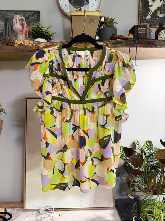 Caballero Tops - Caballero Lime Multi-Color Ruffled Sleeve Pleated Blouse